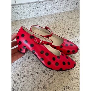 Flamenco Red Polka Dot Mary Jane Dance Shoes Low Block Heel Size 35